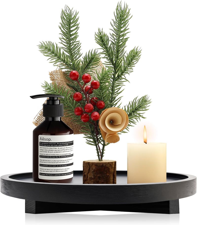 Renawe Black Decorative Wooden Tray for Kitchen Counter Bathroom Accessories Sink Vanity Trays Wood Riser Candle Pedestal Stand for Perfume Soap Trays Round Dining Coffee Table Small Rustic Home Decor Tray - Image 1